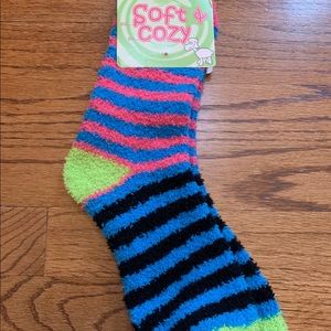 Fuzzy socks. Blue/black/pink stripes. NWT.